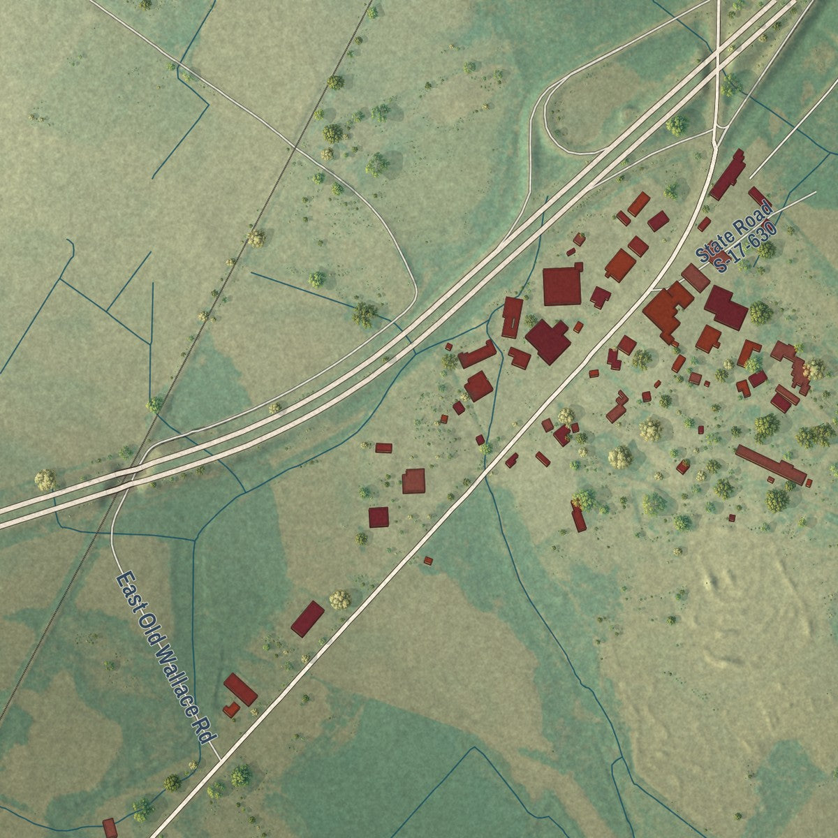 Close-up of the map of Hamer, South Carolina print showing street and building detail