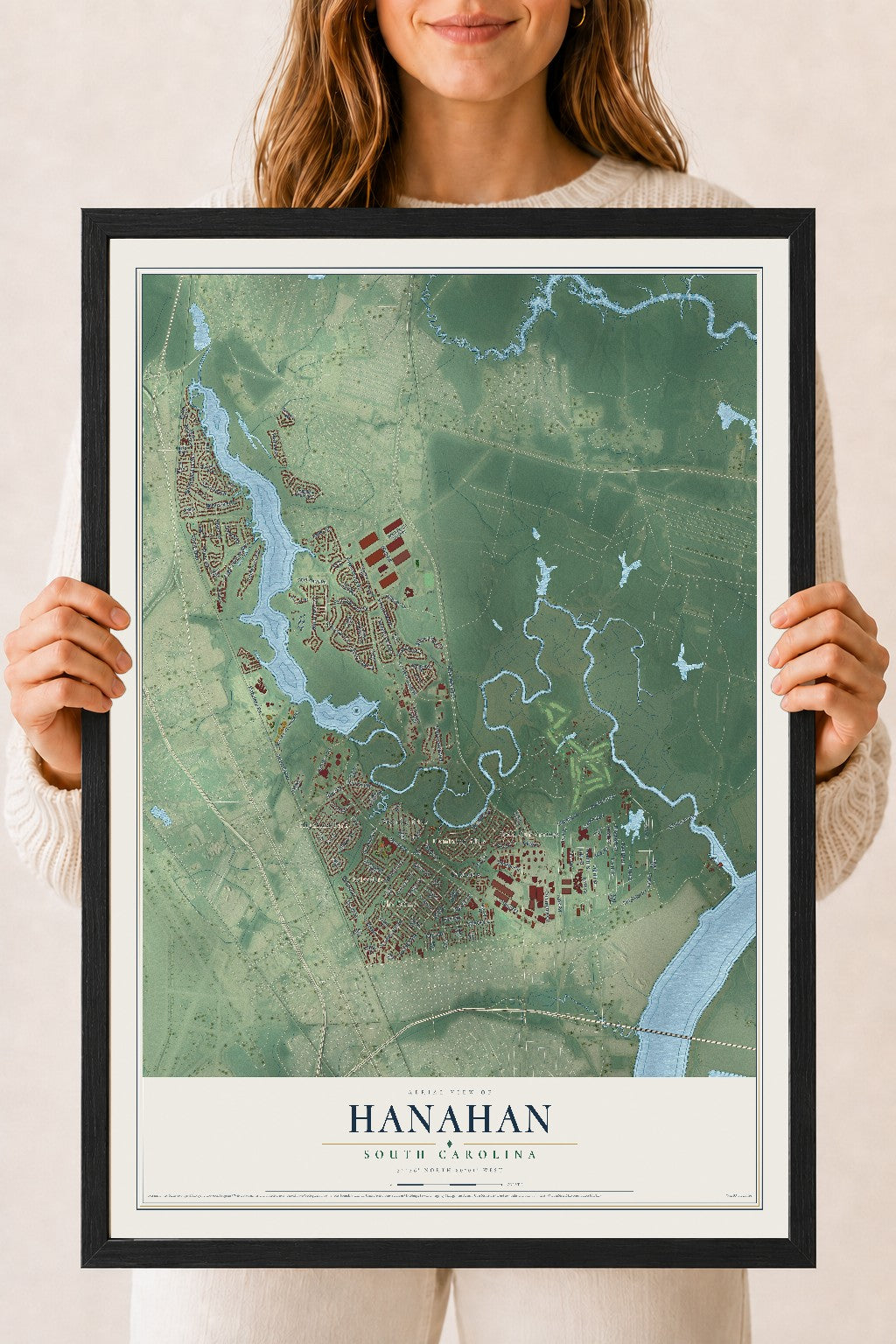 Map of Hanahan, South Carolina, 18 x 24 inch print in a black wood frame