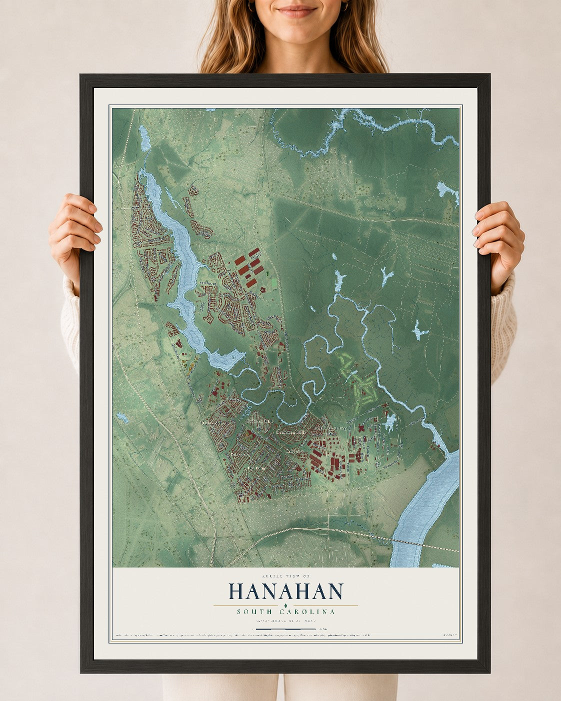 Map of Hanahan, South Carolina, 24 x 36 inch print in a black wood frame