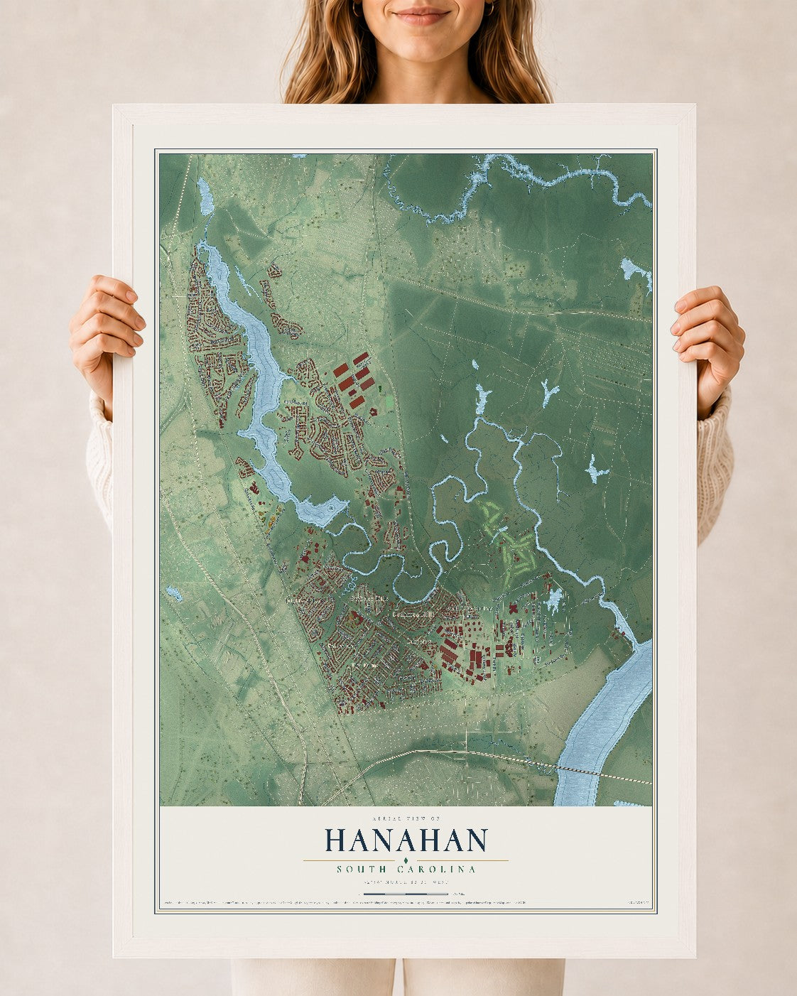 Map of Hanahan, South Carolina, 24 x 36 inch print in a white wood frame