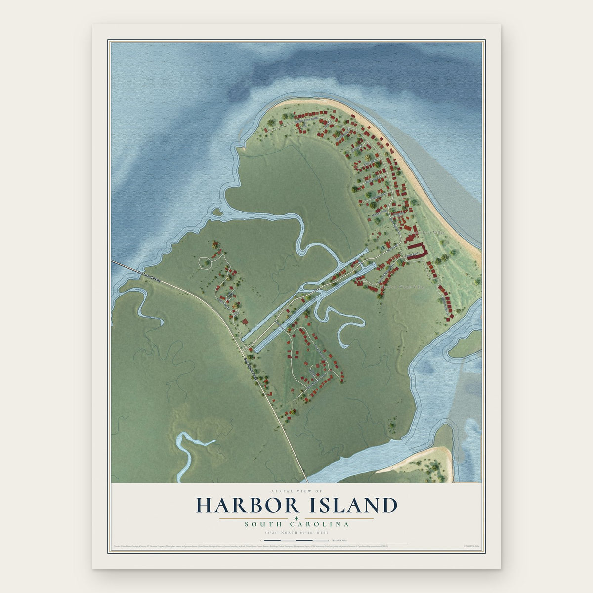 Harbor Island, South Carolina map print, the full design