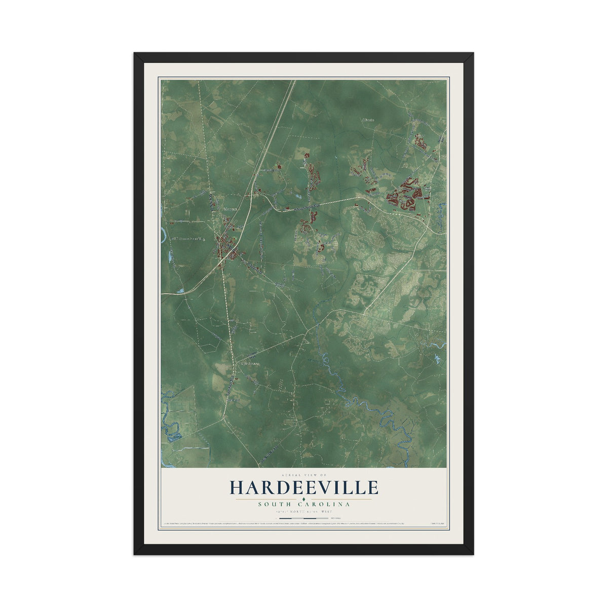 Map of Hardeeville, South Carolina, 12 x 18 inch print in a black wood frame