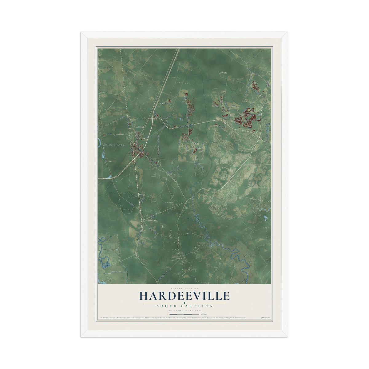 Map of Hardeeville, South Carolina, 12 x 18 inch print in a white wood frame