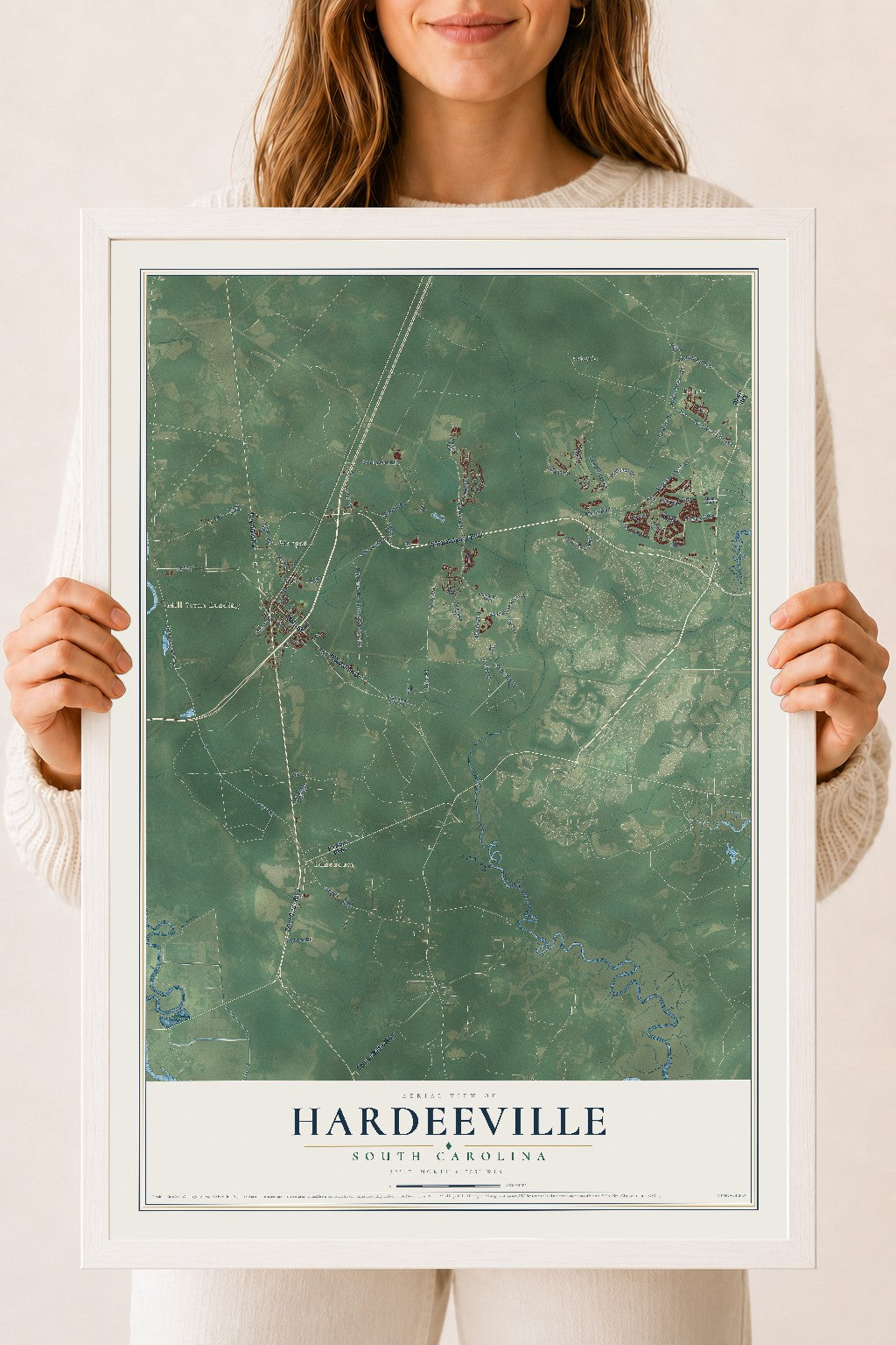 Map of Hardeeville, South Carolina, 18 x 24 inch print in a white wood frame