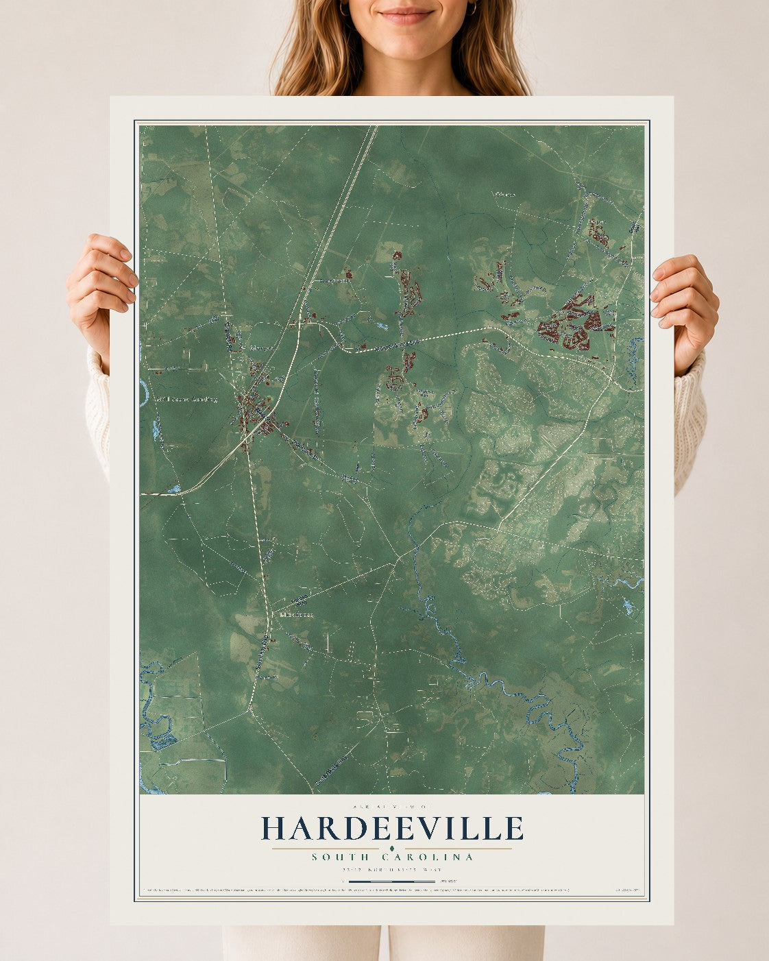 Map of Hardeeville, South Carolina, 24 x 36 inch unframed archival matte print
