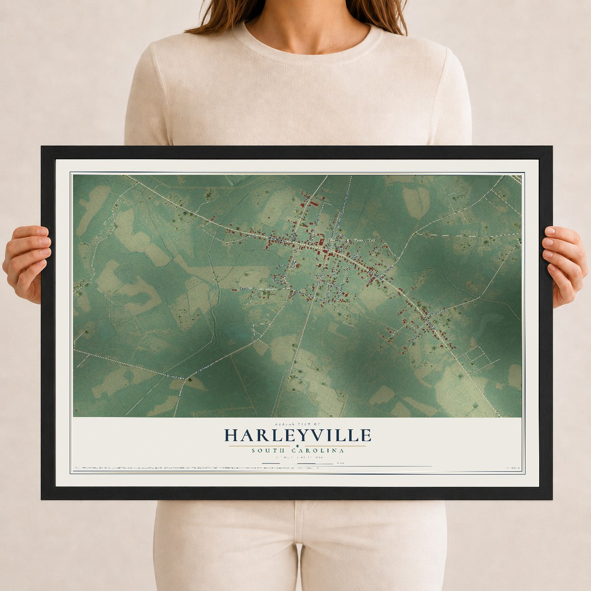 Map of Harleyville, South Carolina, 12 x 18 inch print in a black wood frame