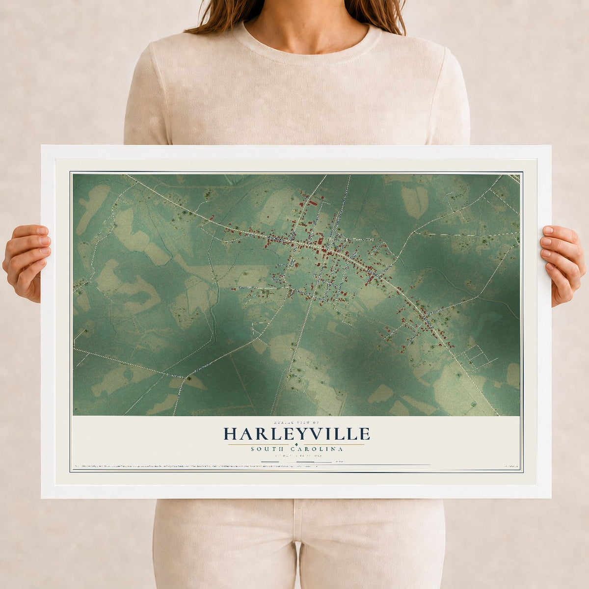Map of Harleyville, South Carolina, 12 x 18 inch print in a white wood frame