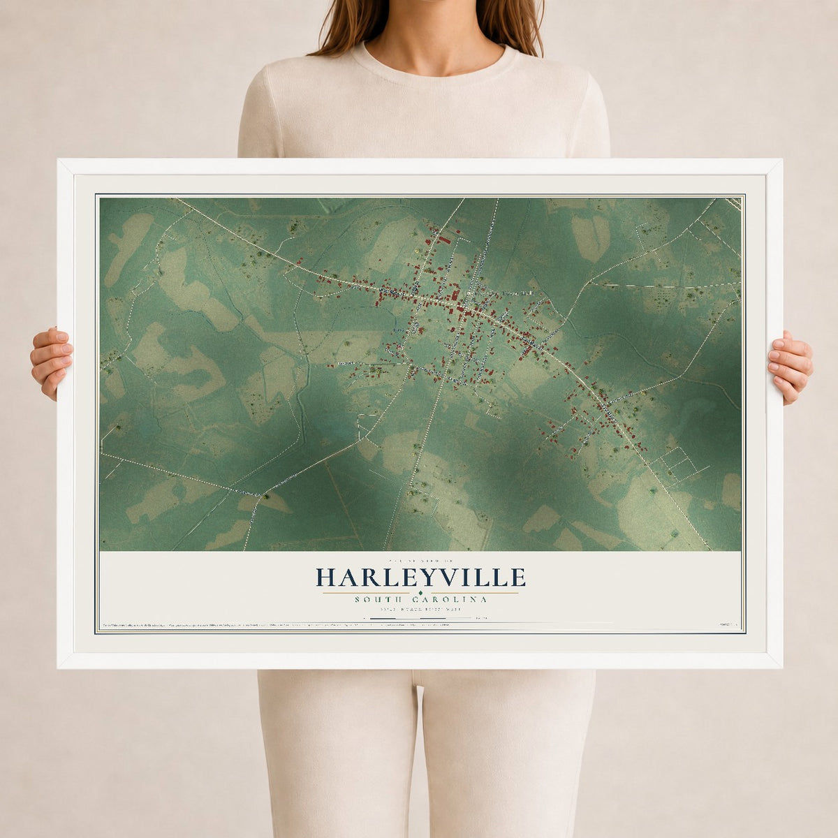 Map of Harleyville, South Carolina, 24 x 36 inch print in a white wood frame