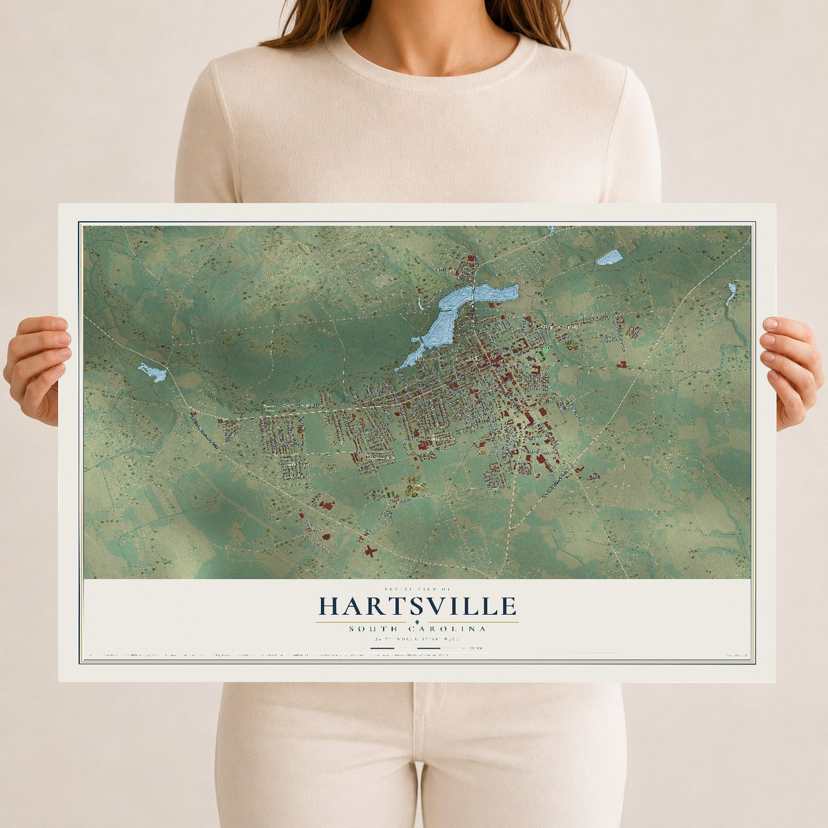Map of Hartsville, South Carolina, 12 x 18 inch unframed archival matte print