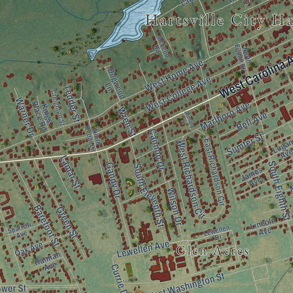 Close-up of the map of Hartsville, South Carolina print showing street and building detail