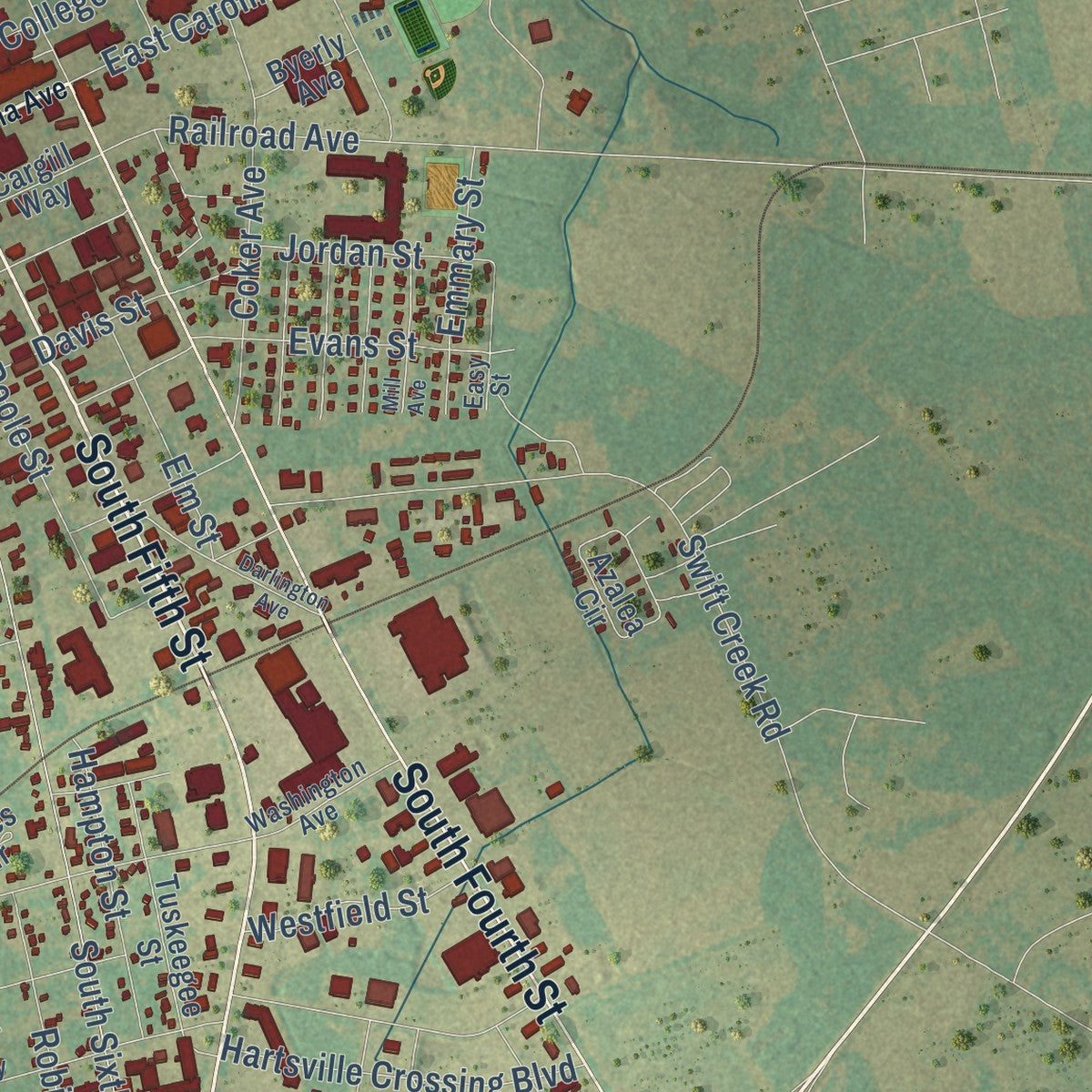 Second close-up of the map of Hartsville, South Carolina print showing more streets and buildings