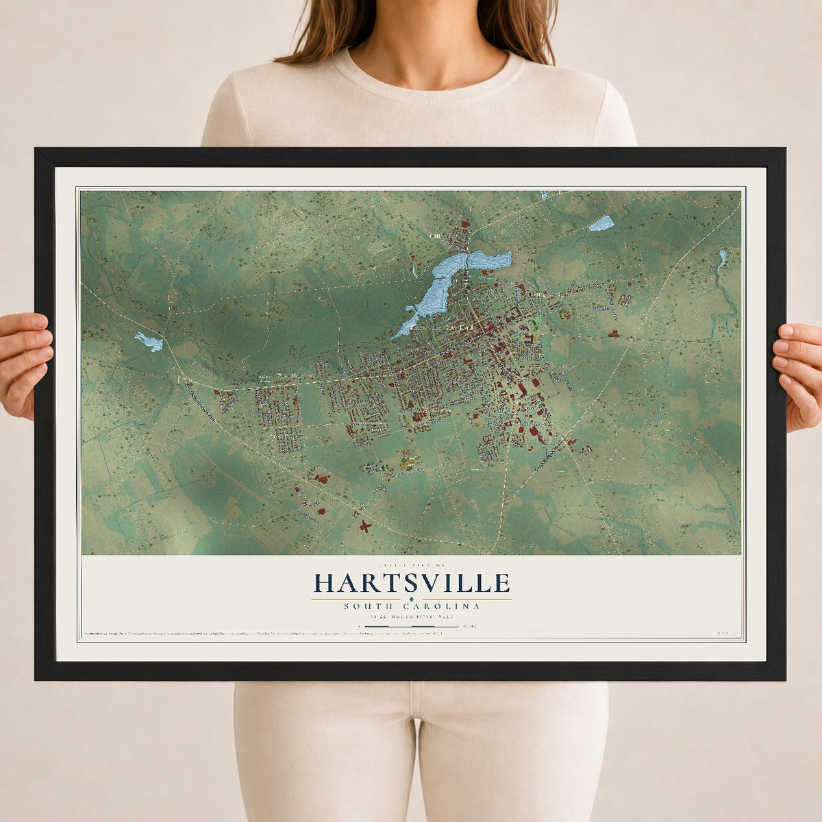Map of Hartsville, South Carolina, 18 x 24 inch print in a black wood frame