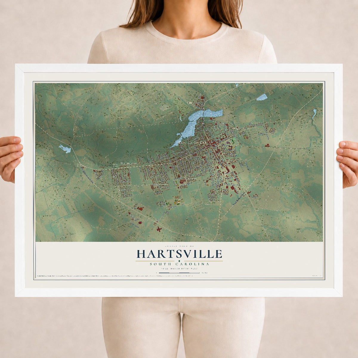Map of Hartsville, South Carolina, 18 x 24 inch print in a white wood frame