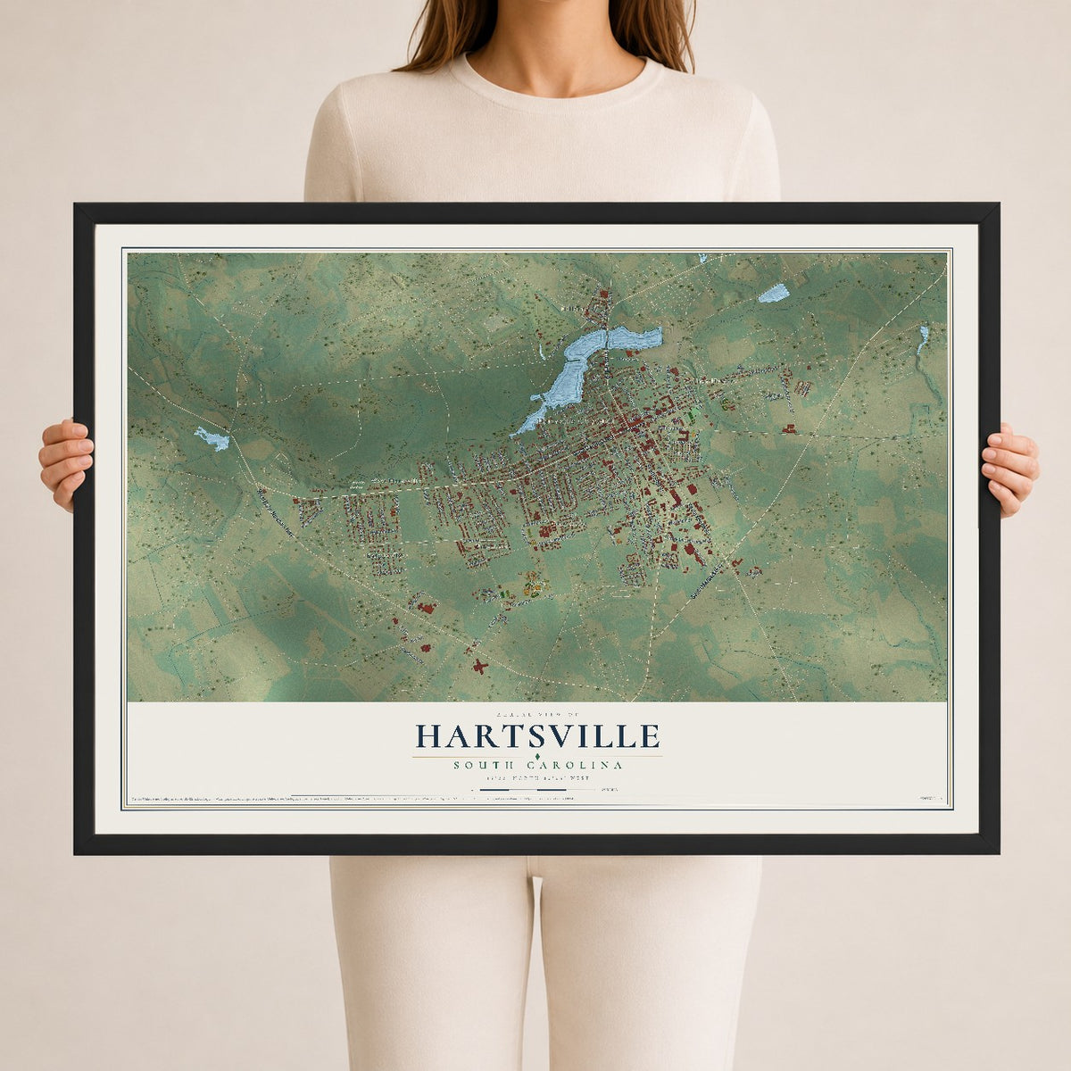 Map of Hartsville, South Carolina, 24 x 36 inch print in a black wood frame