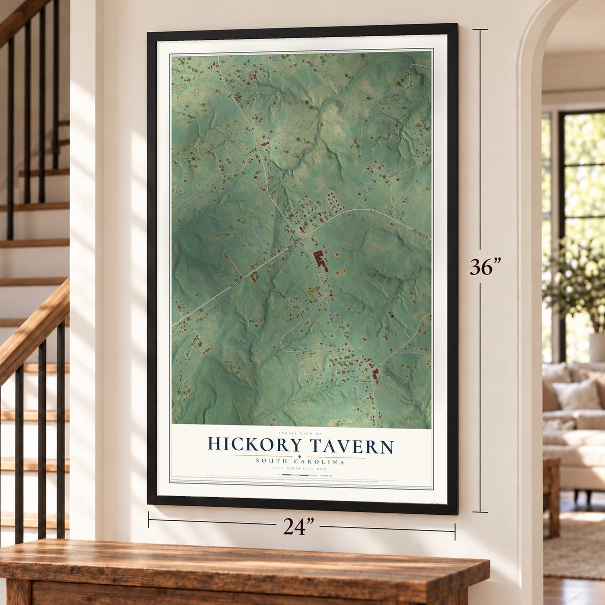 Hickory Tavern, South Carolina map, 24 x 36 inch print in a black frame by a staircase