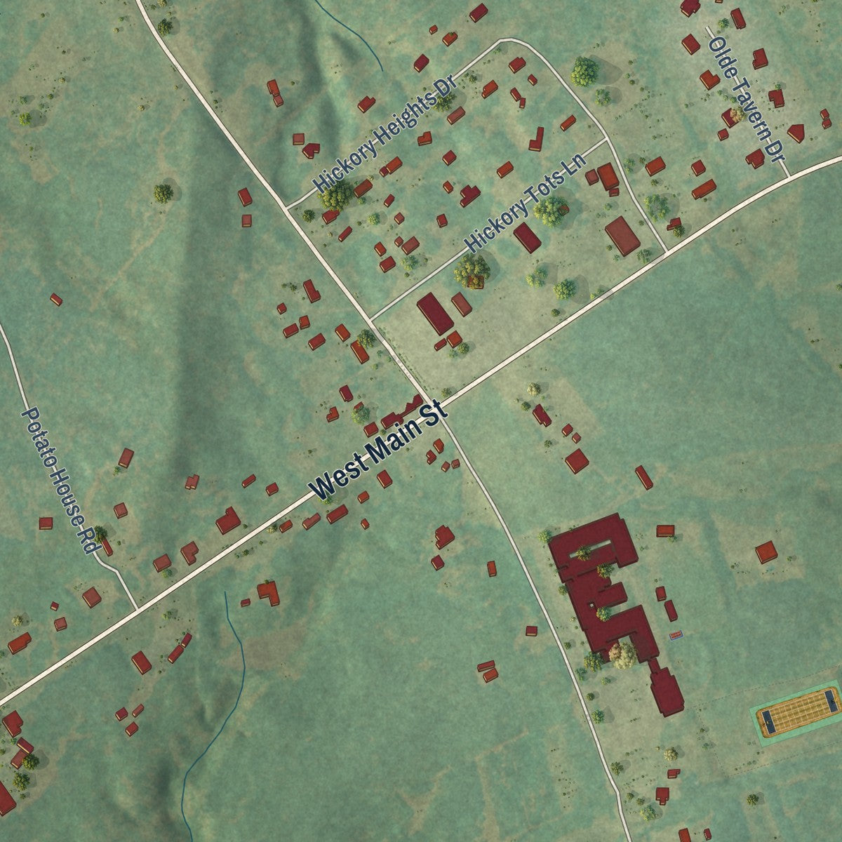 Close-up of the map of Hickory Tavern, South Carolina print showing street and building detail