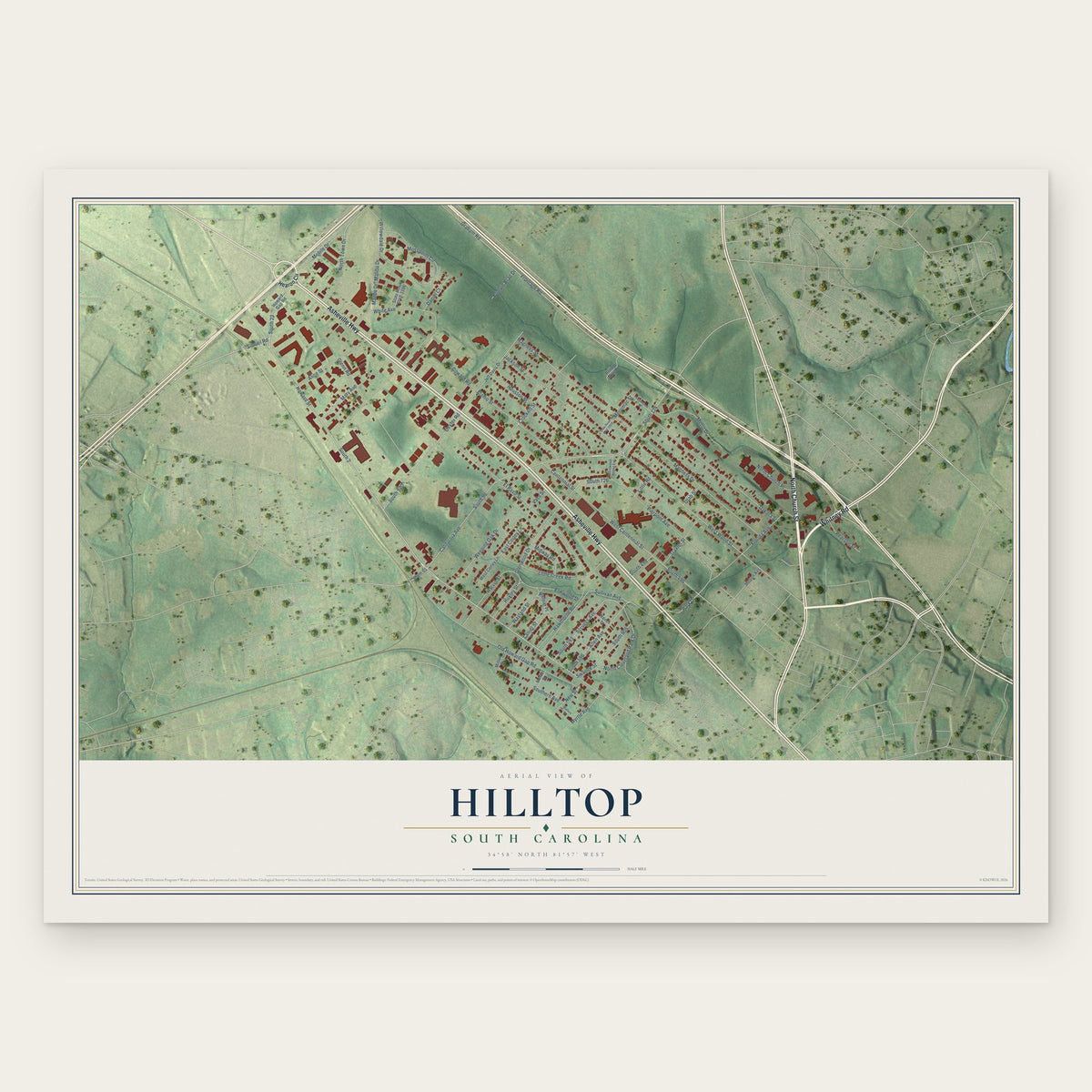 Hilltop, South Carolina map print, the full design