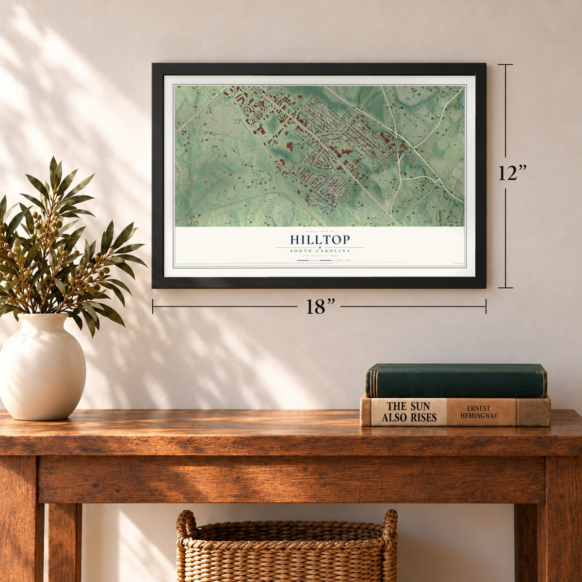 Hilltop, South Carolina map, 12 x 18 inch print in a black frame in an entryway