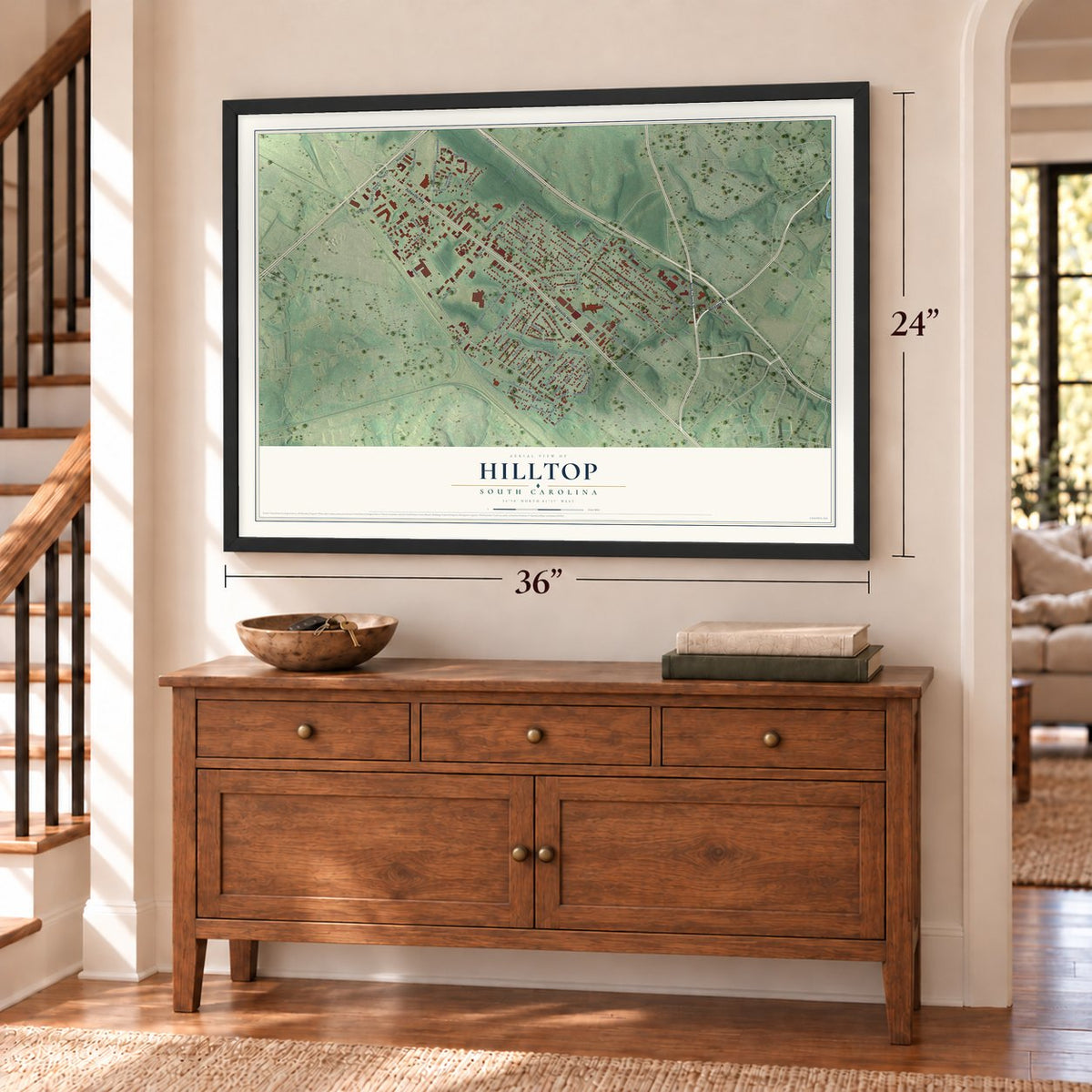 Hilltop, South Carolina map, 24 x 36 inch print in a black frame above a dresser by a staircase