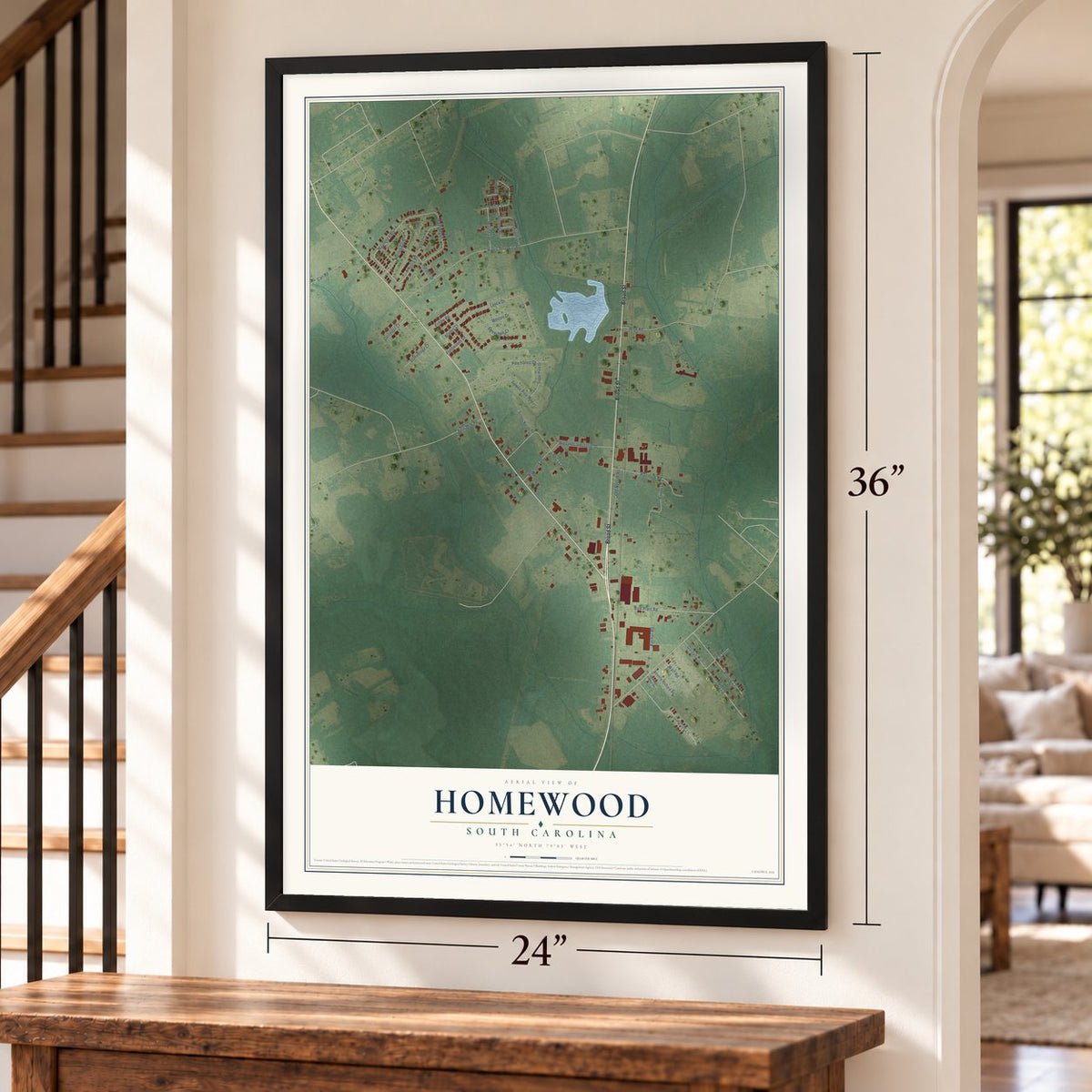 Homewood, South Carolina map, 24 x 36 inch print in a black frame by a staircase