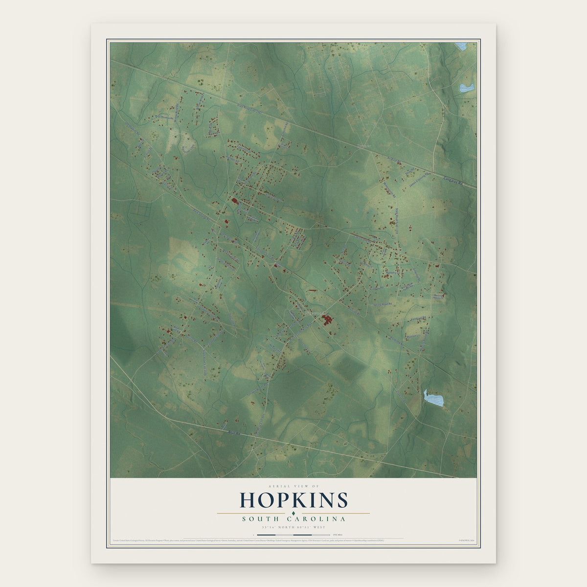 Hopkins, South Carolina map print, the full design