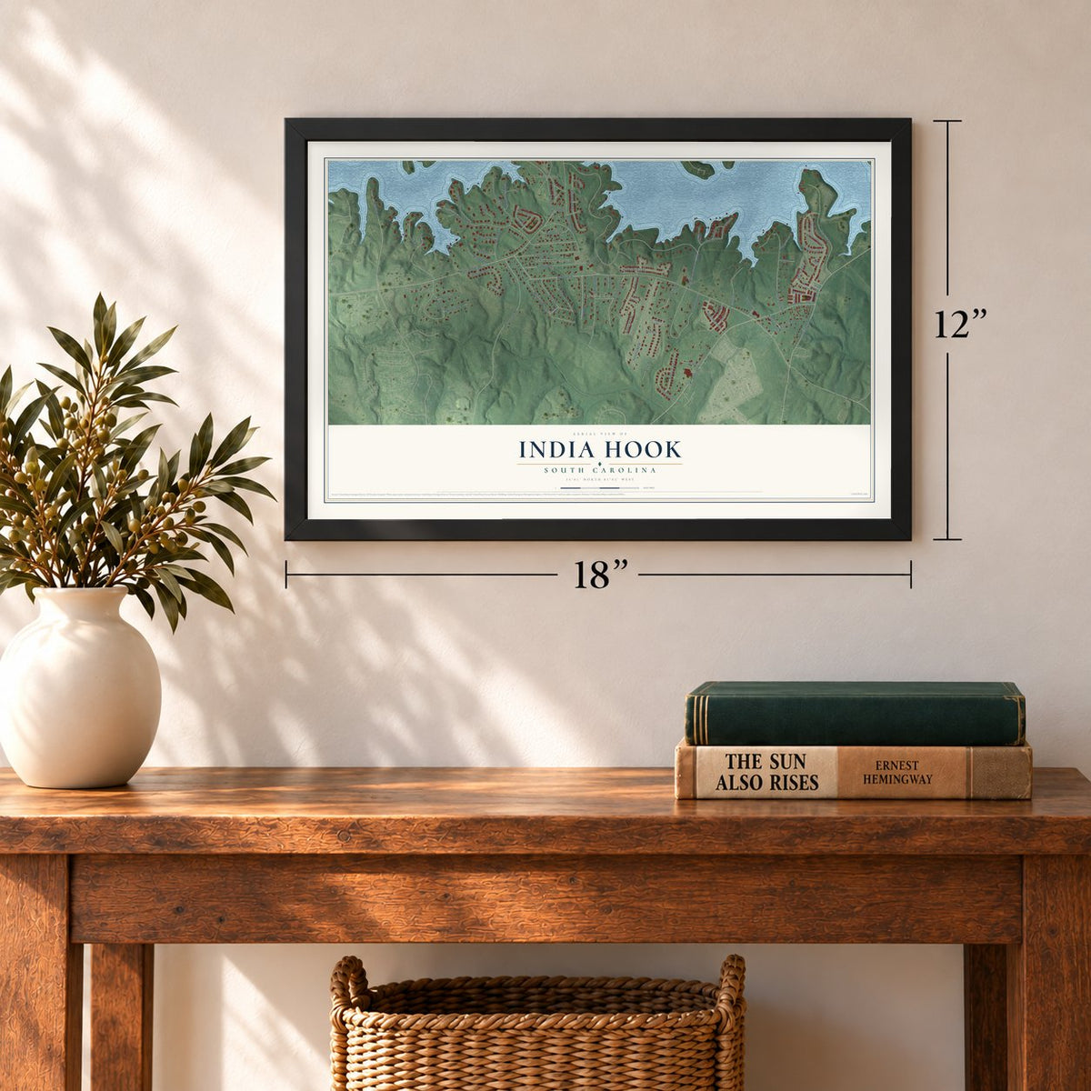India Hook, South Carolina map, 12 x 18 inch print in a black frame in an entryway
