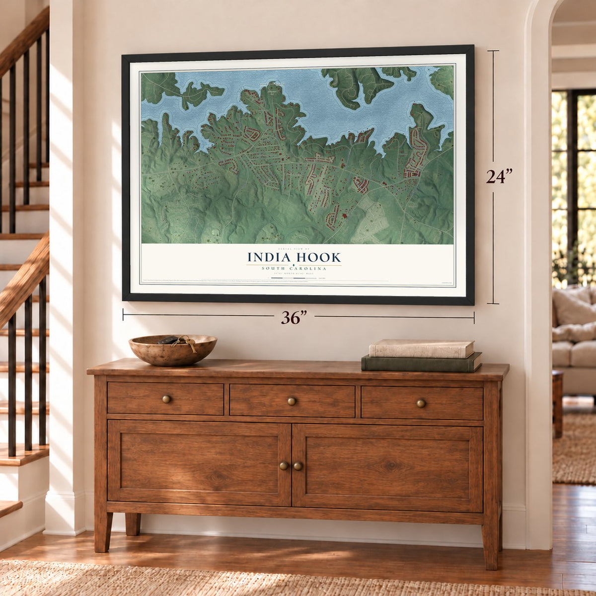 India Hook, South Carolina map, 24 x 36 inch print in a black frame above a dresser by a staircase