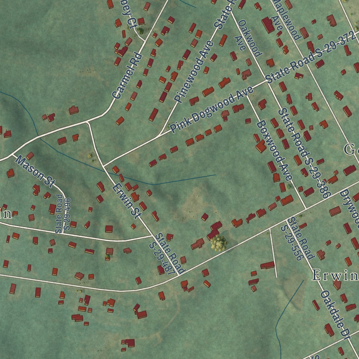 Close-up of the map of Irwin, South Carolina print showing street and building detail