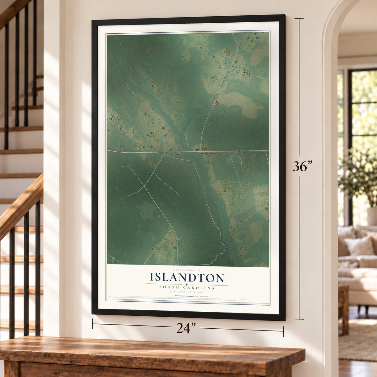 Islandton, South Carolina map, 24 x 36 inch print in a black frame by a staircase