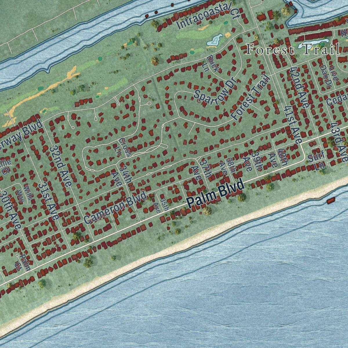 Second close-up of the map of Isle of Palms, South Carolina print showing more streets and buildings