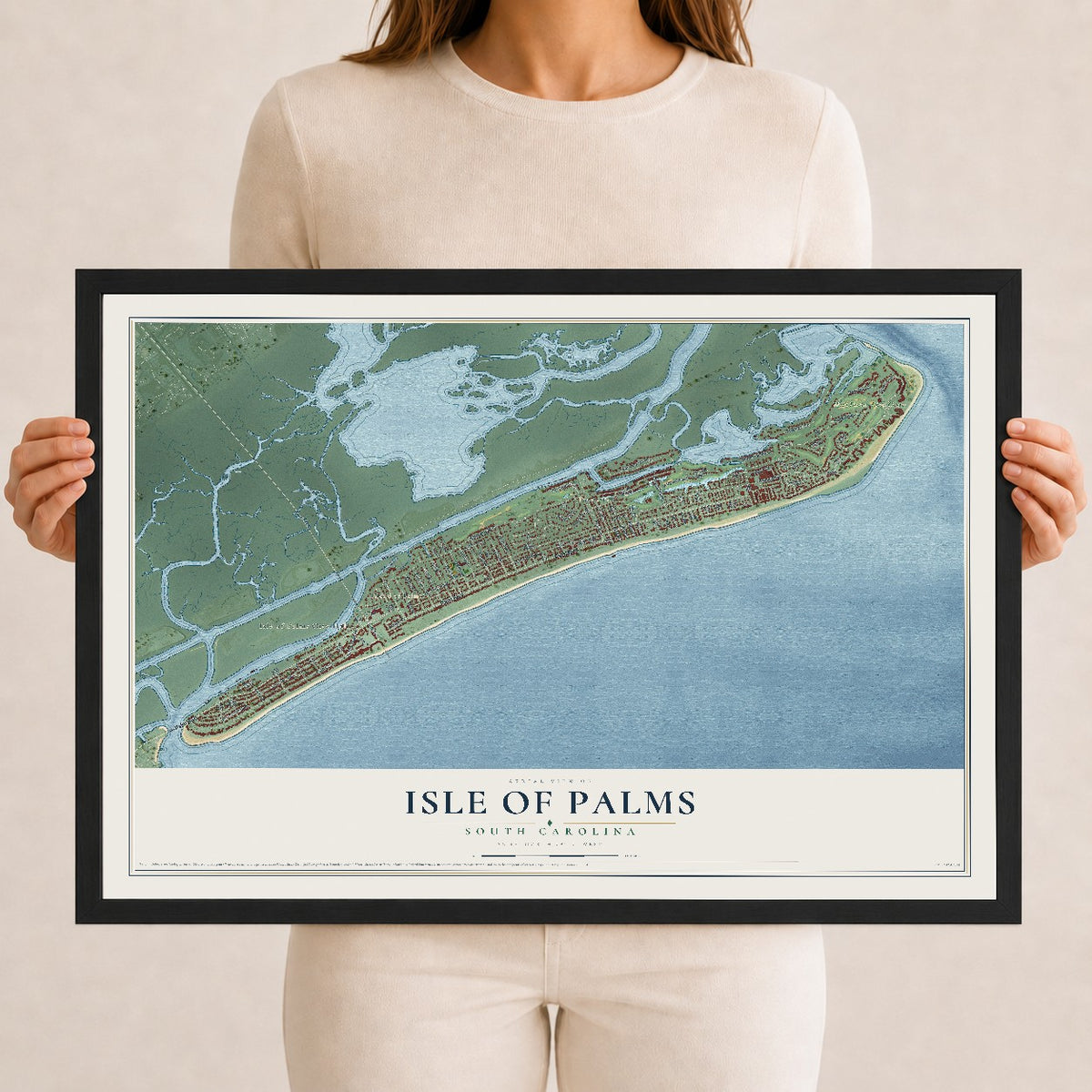 Map of Isle of Palms, South Carolina, 12 x 18 inch print in a black wood frame
