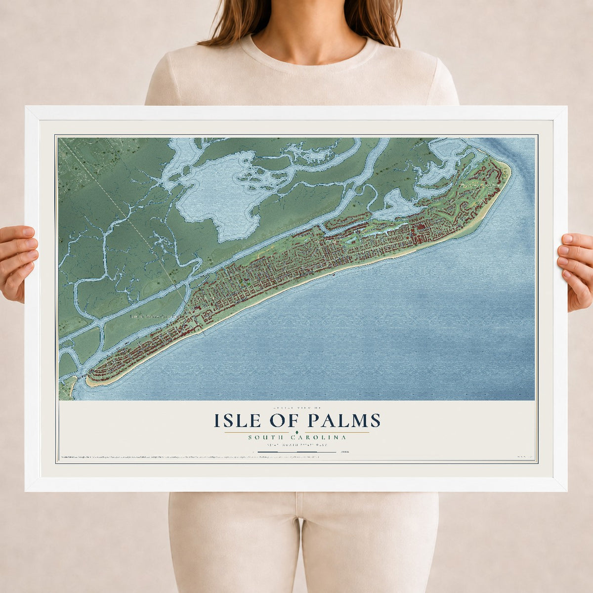 Map of Isle of Palms, South Carolina, 18 x 24 inch print in a white wood frame