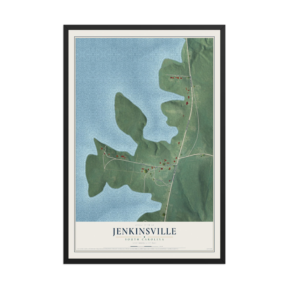 Map of Jenkinsville, South Carolina, 12 x 18 inch print in a black wood frame