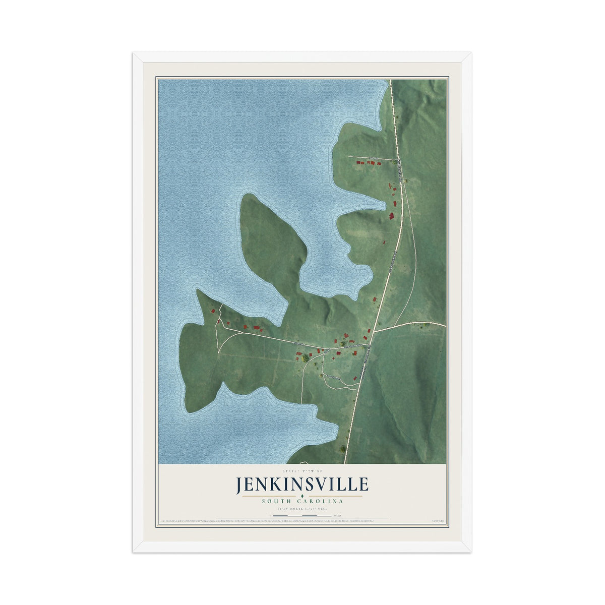 Map of Jenkinsville, South Carolina, 12 x 18 inch print in a white wood frame