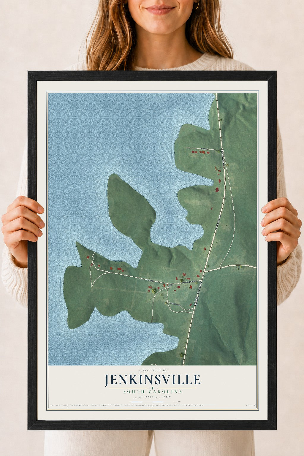 Map of Jenkinsville, South Carolina, 18 x 24 inch print in a black wood frame