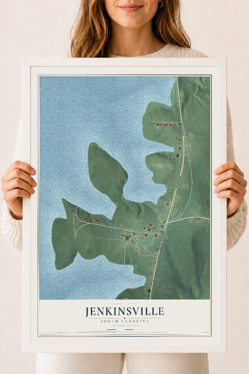 Map of Jenkinsville, South Carolina, 18 x 24 inch print in a white wood frame