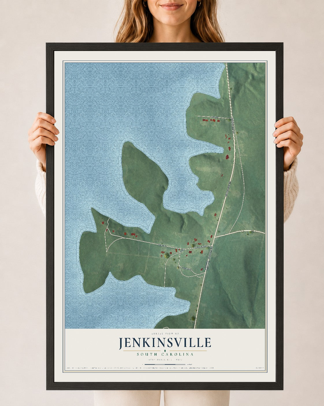 Map of Jenkinsville, South Carolina, 24 x 36 inch print in a black wood frame