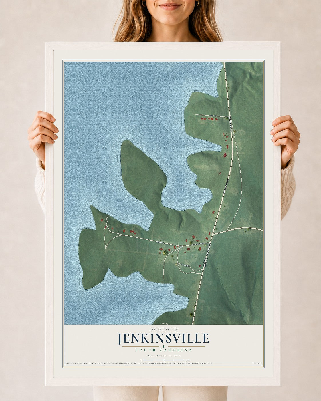 Map of Jenkinsville, South Carolina, 24 x 36 inch print in a white wood frame