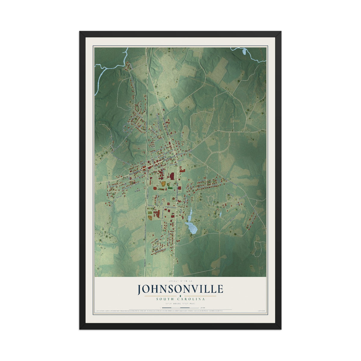 Map of Johnsonville, South Carolina, 12 x 18 inch print in a black wood frame