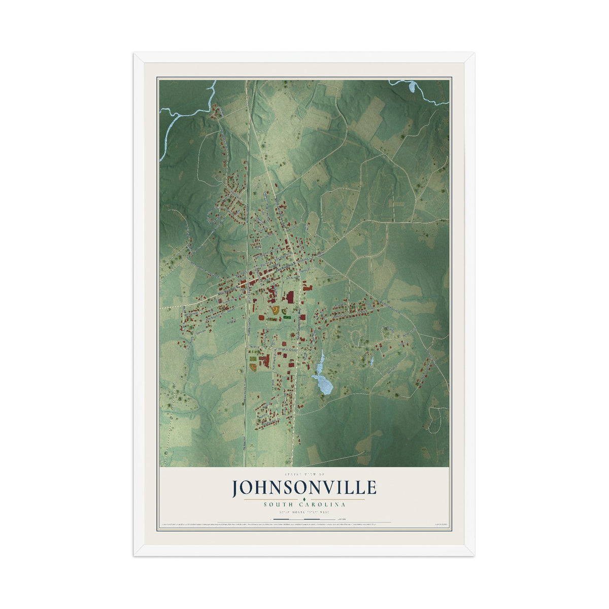 Map of Johnsonville, South Carolina, 12 x 18 inch print in a white wood frame