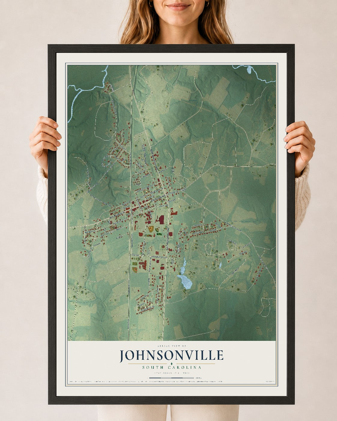 Map of Johnsonville, South Carolina, 24 x 36 inch print in a black wood frame