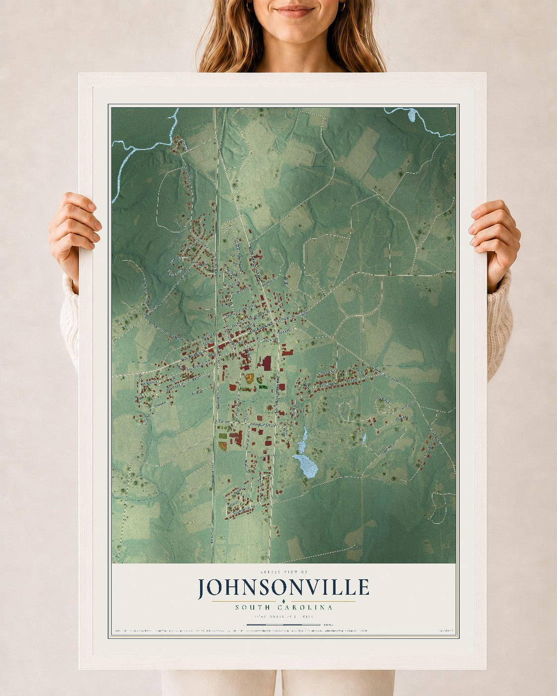 Map of Johnsonville, South Carolina, 24 x 36 inch print in a white wood frame