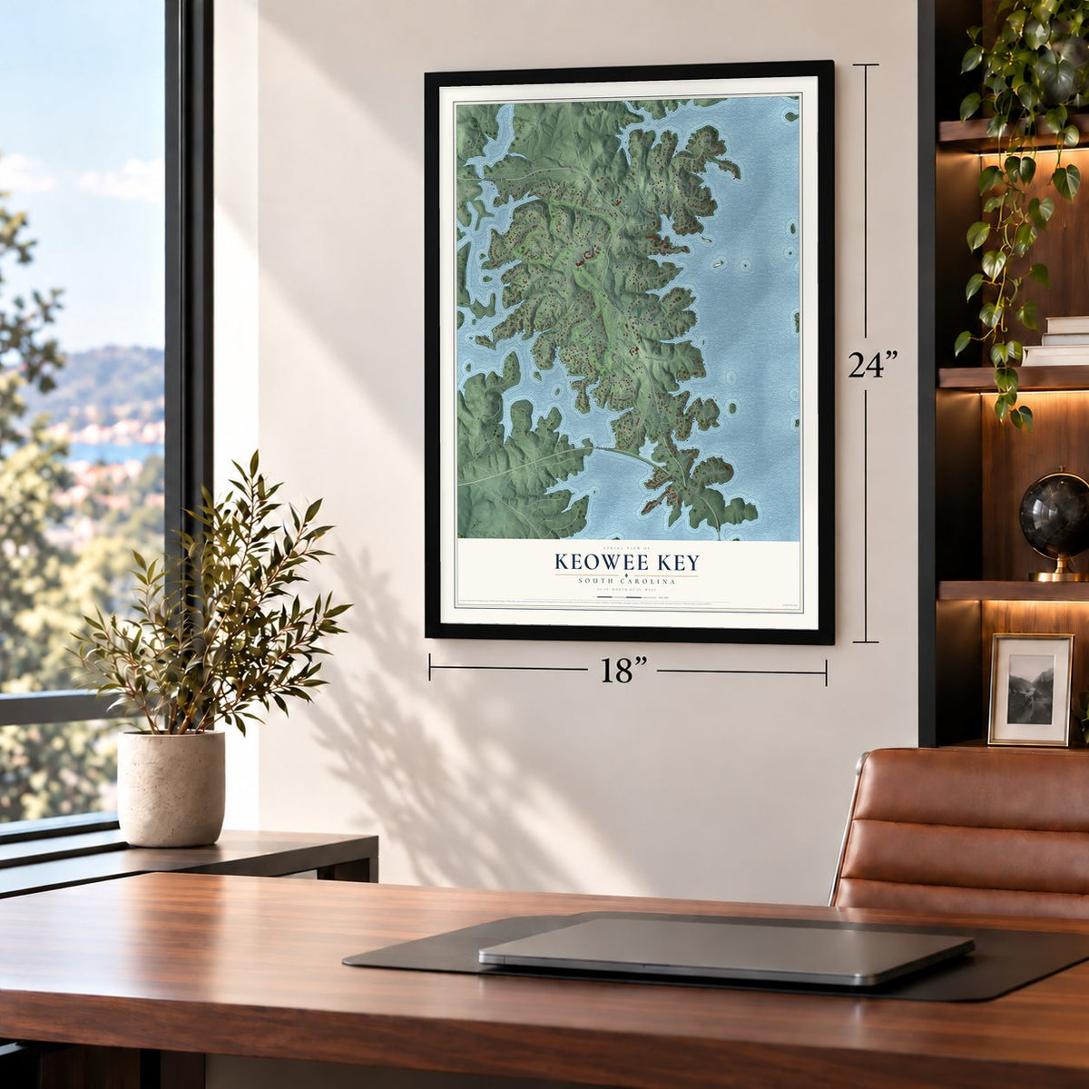 Keowee Key, South Carolina map, 18 x 24 inch print in a black frame in a home office