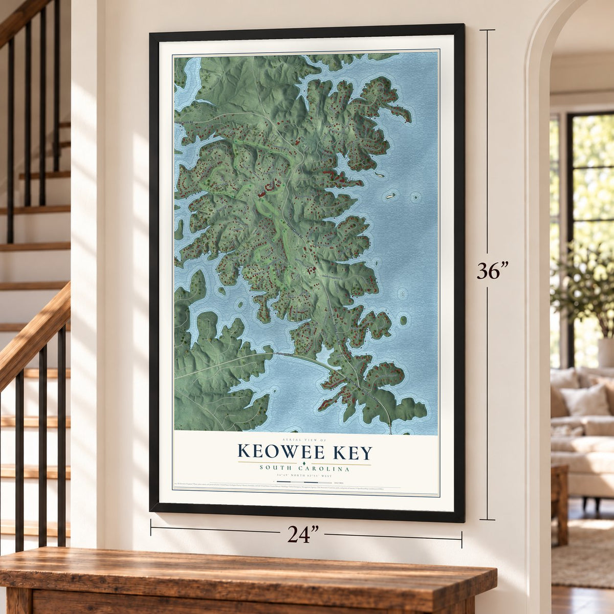 Keowee Key, South Carolina map, 24 x 36 inch print in a black frame by a staircase