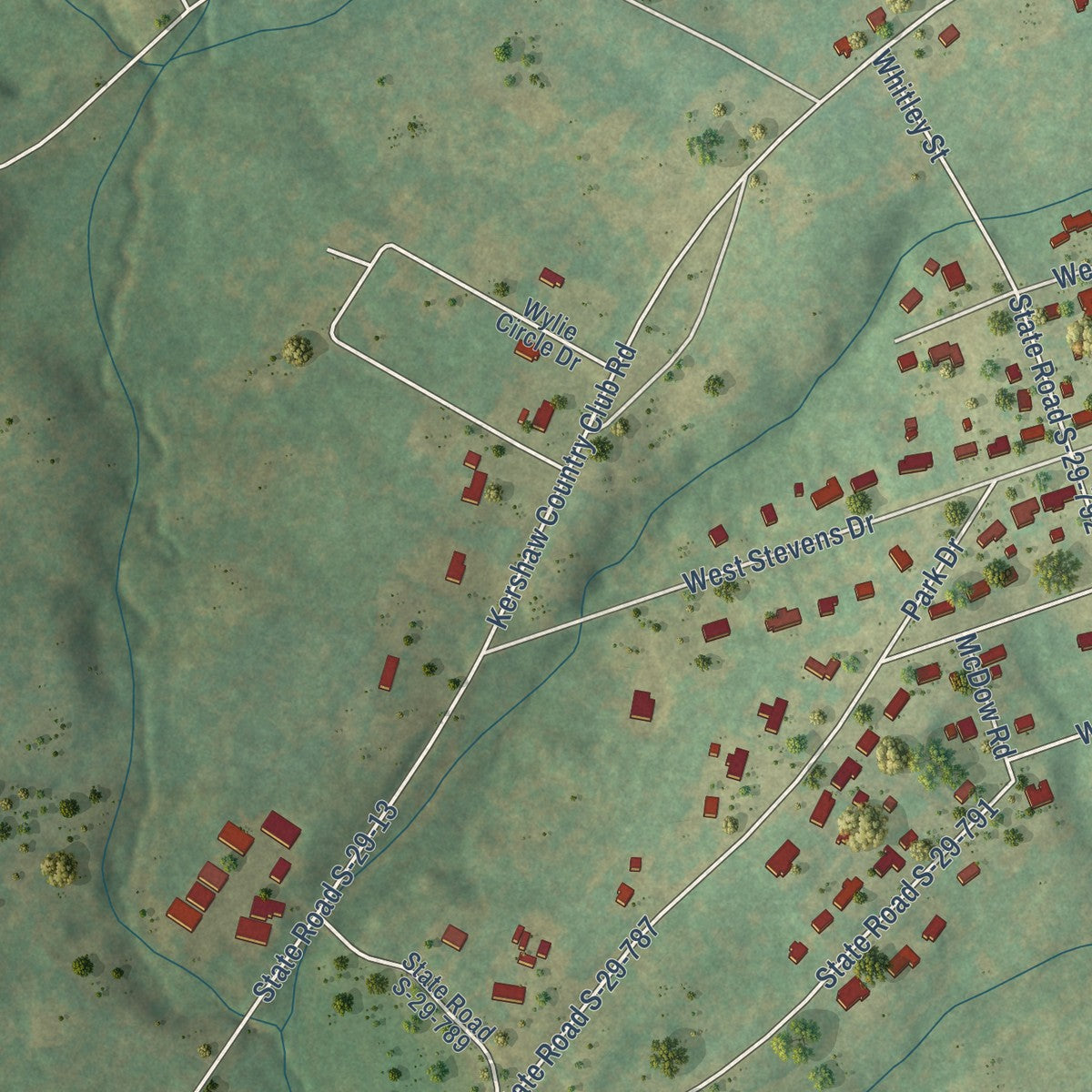 Second close-up of the map of Kershaw, South Carolina print showing more streets and buildings
