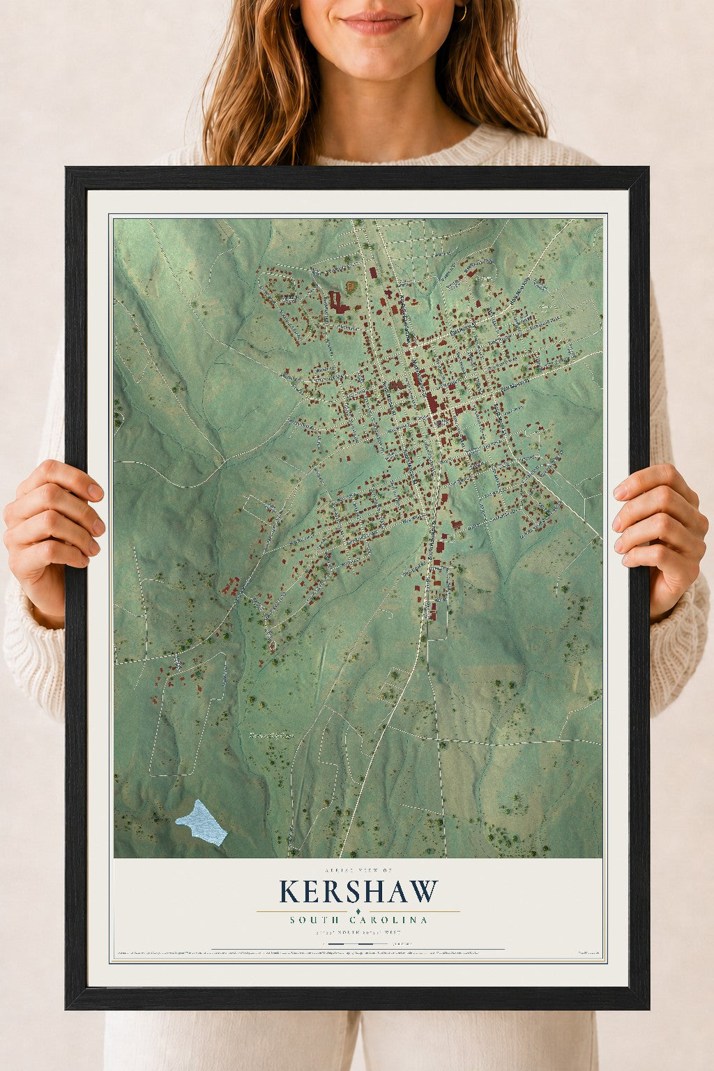 Map of Kershaw, South Carolina, 18 x 24 inch print in a black wood frame