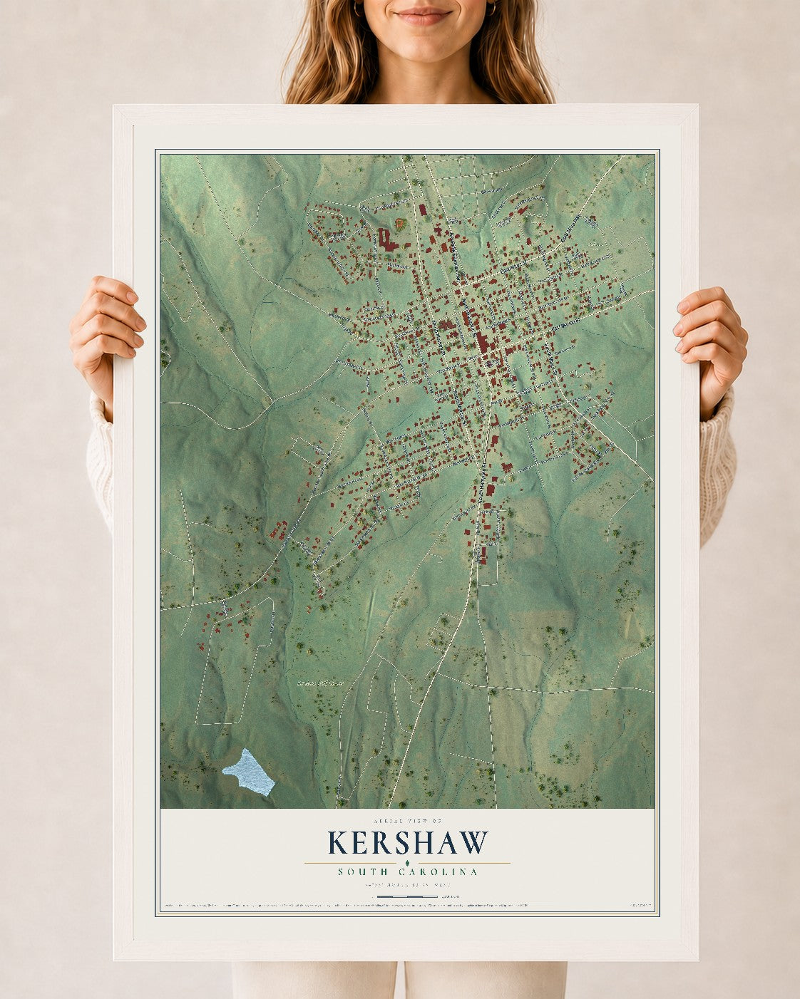 Map of Kershaw, South Carolina, 24 x 36 inch print in a white wood frame