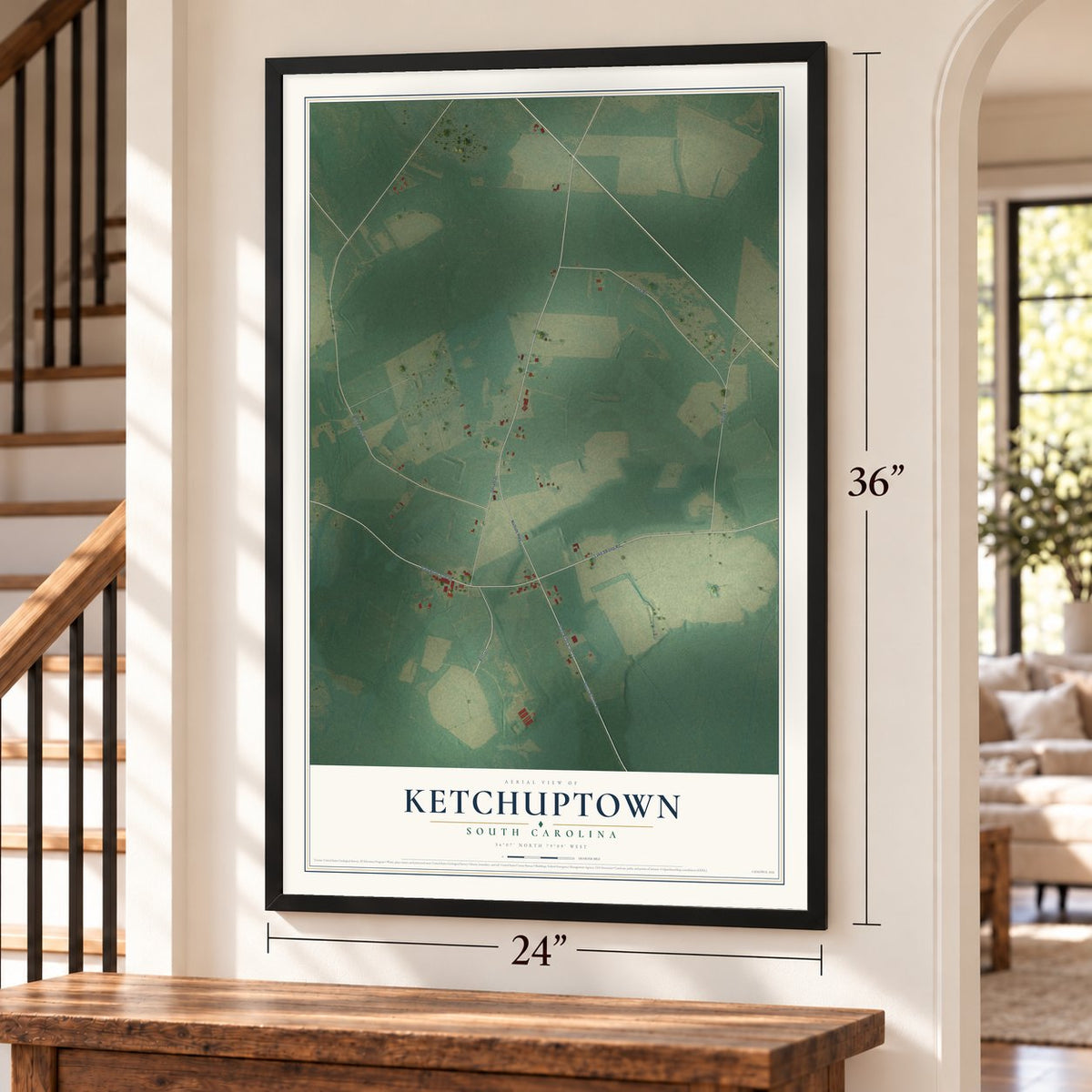 Ketchuptown, South Carolina map, 24 x 36 inch print in a black frame by a staircase