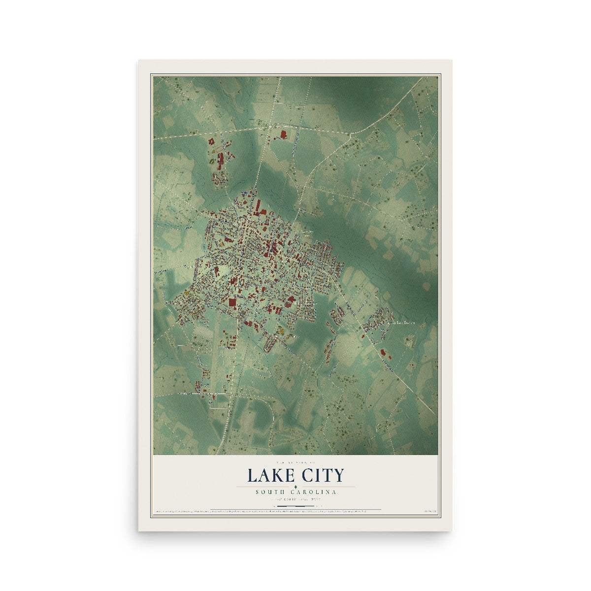 Map of Lake City, South Carolina, 12 x 18 inch unframed archival matte print