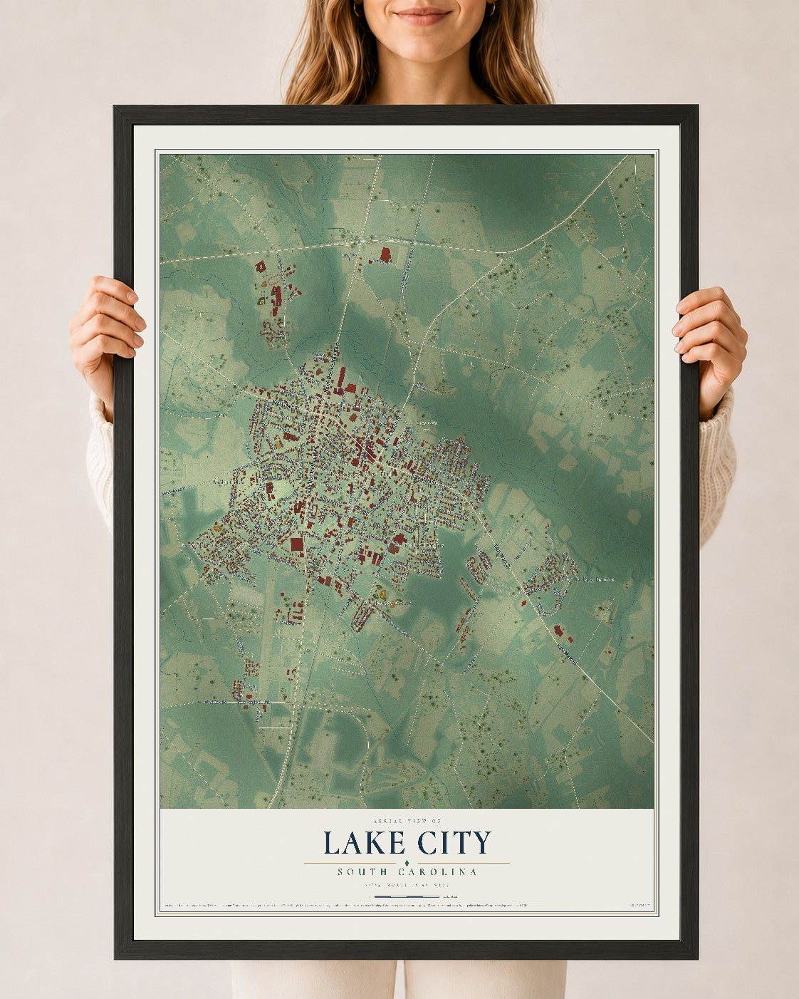 Map of Lake City, South Carolina, 24 x 36 inch print in a black wood frame
